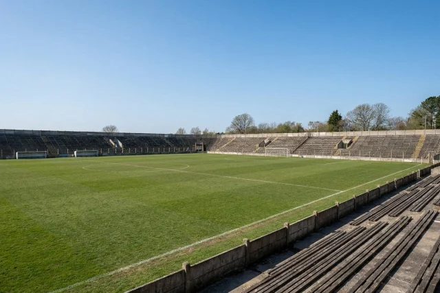 A small traditional sports stadium with a green football pitch and empty spectator stands under a clear sky